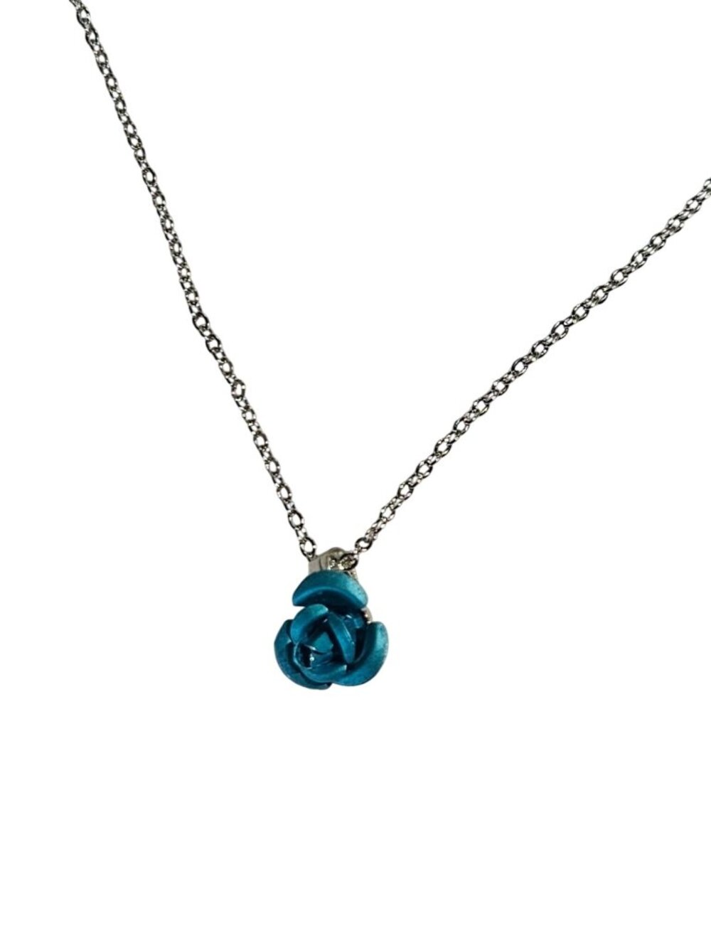 Teal Metal Rose Pendant Necklace Silvertone Chain Spring Ring Clasp 18 inches Lo